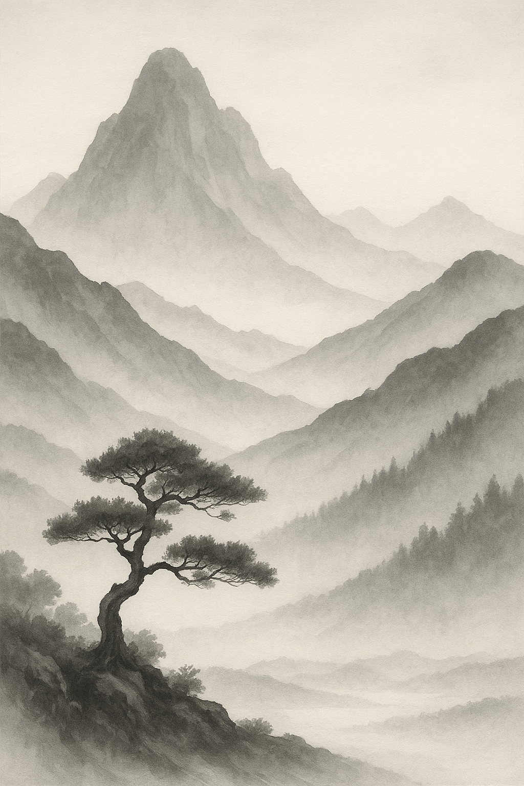 Zen-Style Grayscale Mountain Scene
